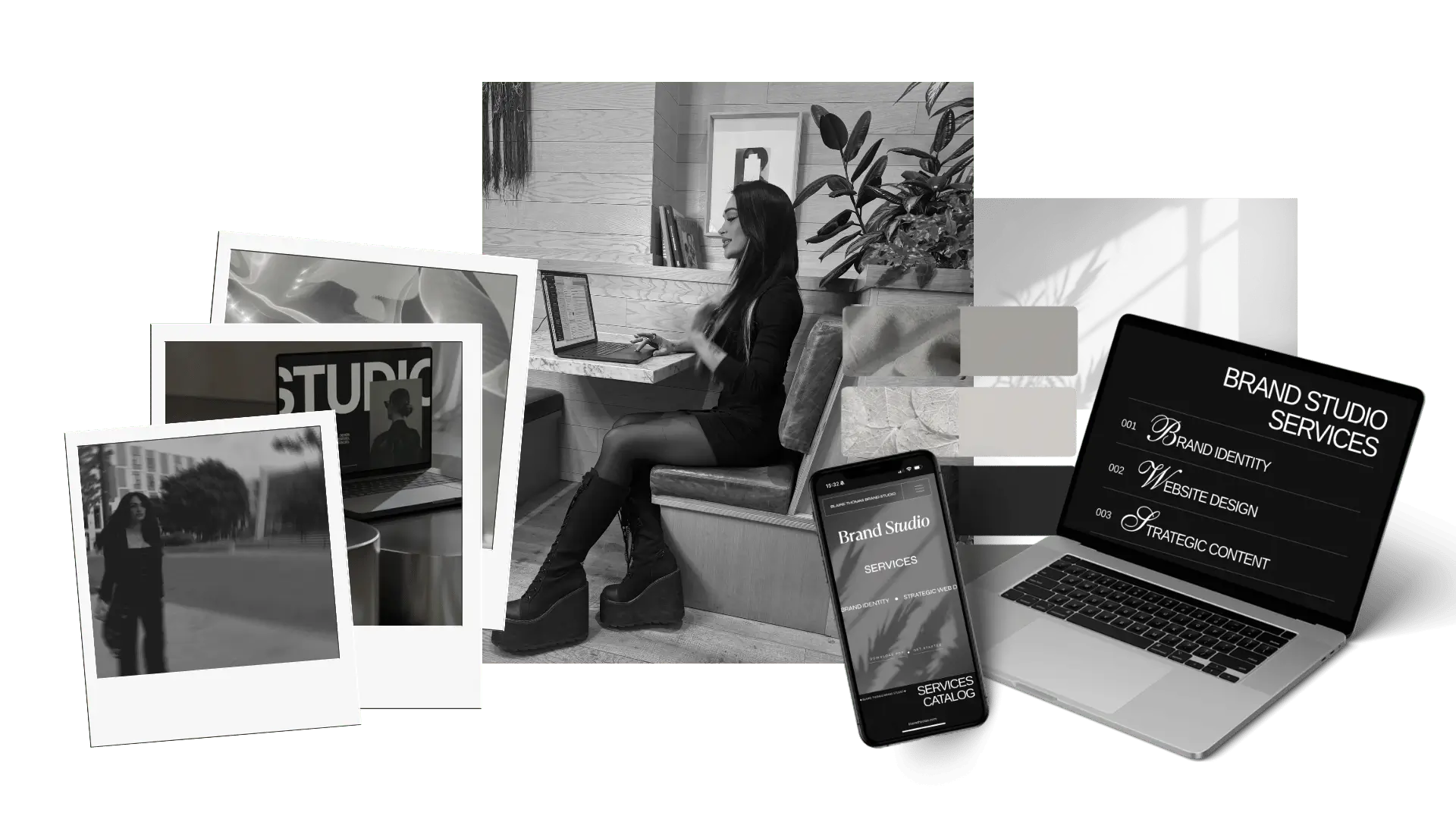 Collage showcasing Blaire Thomas and a laptop mockup showing Brand Studio Services of Brand Identity Website Design and Strategic Content
